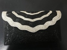 New Black Fully Beaded With Clear Crystal Scallop Rhinestone 9.5' L x 6'' H