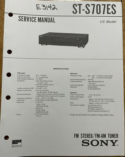 SONY ST-S707ES FM STEREO FM/AM TUNER ORIGINAL SERVICE MANUAL - Afbeelding 1 van 1