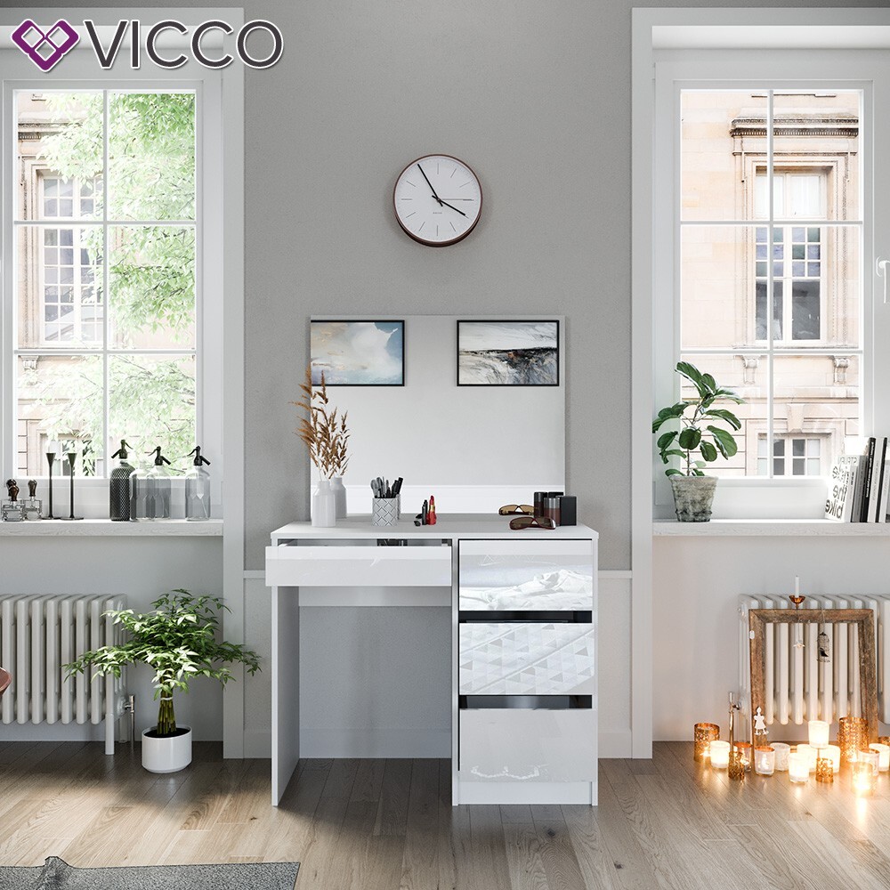 COIFFEUSE SHERRY 120CM BLANC BRILLANT AVEC MIROIR LED ET BANC VICCO 32036273 3003214 Produit