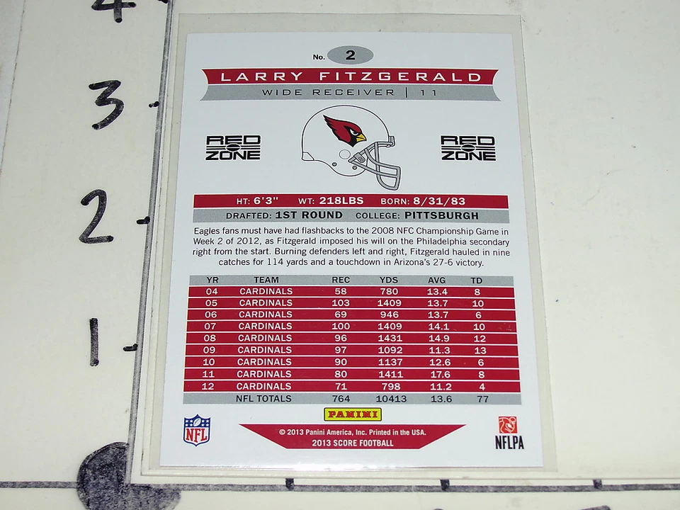 2013 Score LARRY FITZGERALD #2 Red Zone SP/30 Arizona CARDINALS Pitt PANTHERS - Image 2 of 2