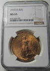 1910-D $20 Saint-Gaudens Gold Double Eagle,  NGC MS65, Top Eye Appeal!