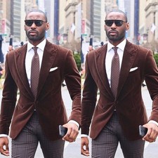 Brown Velvet Men's Suit Peak Lapel Formal Wedding Evening Party Prom Blazer Pant