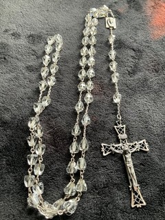 Vintage RARE Rock crystal sterling silver Rosary cross necklace 24" end to end