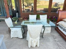 3.5 x 6' Glass Top Wrought Iron & Marble Base Dining Table w/ 4 Chairs