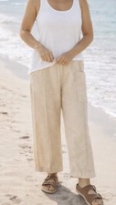 VTG Linen Wide Leg Cropped Pants Beige Pull On Drawstring Waist One Size Coastal