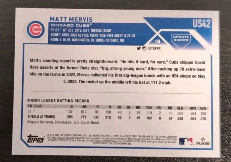 Matt Mervis #US42  2023 Topps Update Series Base Rookie Card Chicago Cubs RC - Image 2 of 3