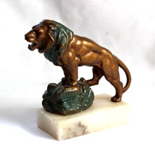 Roaring Lion Handmade Bronze on Marble Base Sculpture Statue Figurine Art Decor