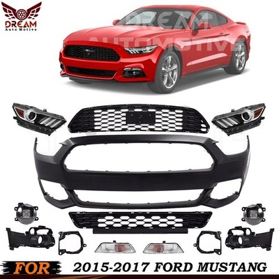 Front Bumper Cover Primed & Headlight Assembly Kit For 2015-2017 Ford Mustang