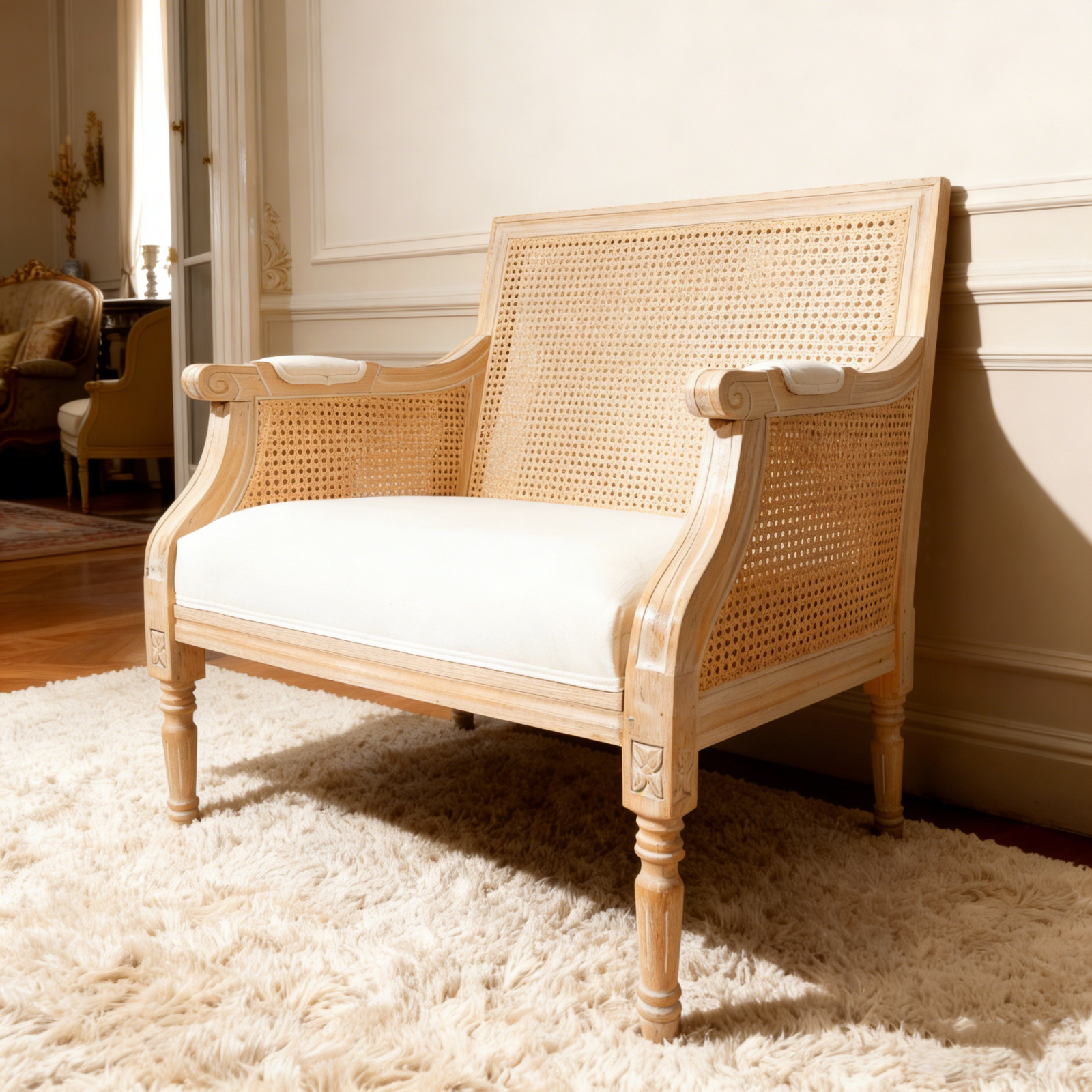 French Country Style Cane Back Accent Chair, Whitewashed Rubberwood Club Chair