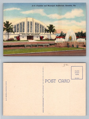#ad Sarasota FL Florida Municipal Auditorium Fountain Palm Trees Vintage Postcard $0.99