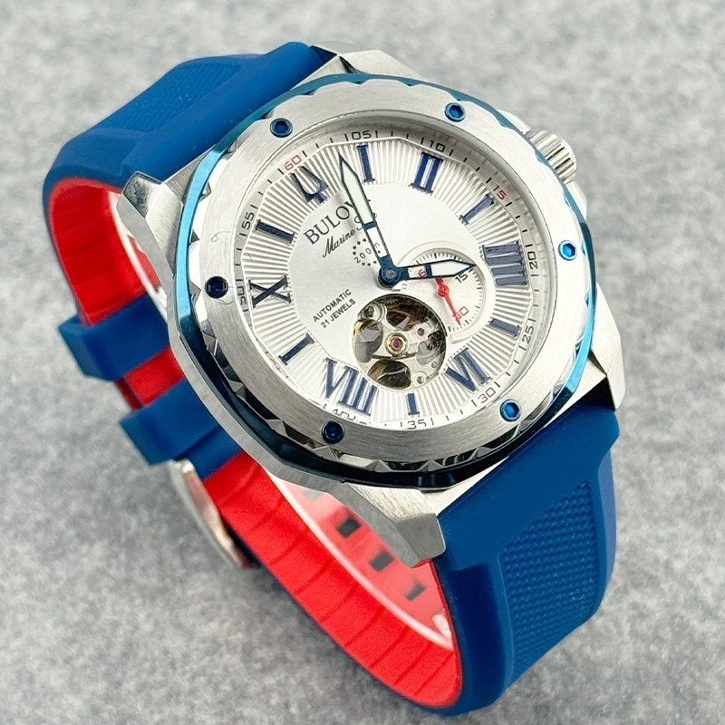 Reloj automático para hombre Bulova Marine Star 98A225 esfera blanca correa de goma azul Foto 4 de 4