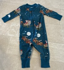 Hanna Andersson Blue Santa's Sleigh Xmas 1pc Zip Pjs Organic Cotton 50cm 0-3