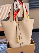 Women’s Beige Pebbled Leather Tote Bag, Double Handles, Gold Padlock Scarf