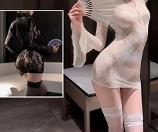 Women Body Stockings Fishnet Short dress Long sleeve Floral 2pcs Underwear 40019