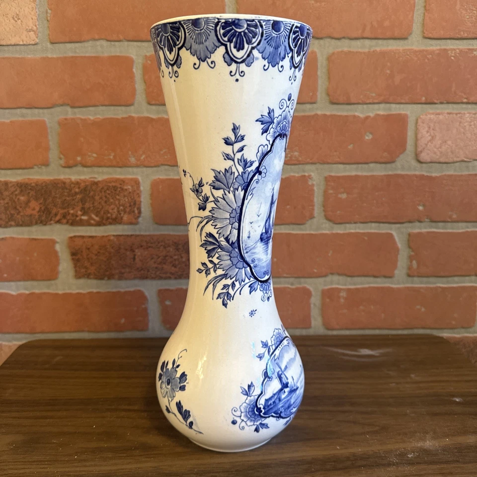 Vintage Delft  Blue and White Vase Windmill Sailboat Flowers- 12-1/2" - Image 4 of 4