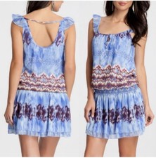 NWT GUESS Traveler Boho Dress Size Large. Competing pattern blues ruffles