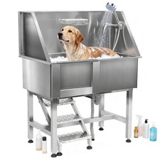 38" Dog Cat Pet Grooming Bath Tub 304Stainless Steel Wash Station with Stairs