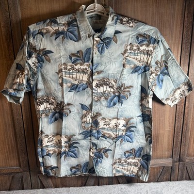 Hollis River Hawaiian Shirt Mens XL Blue Tropical Beach Palm Tree Cotton Aloha