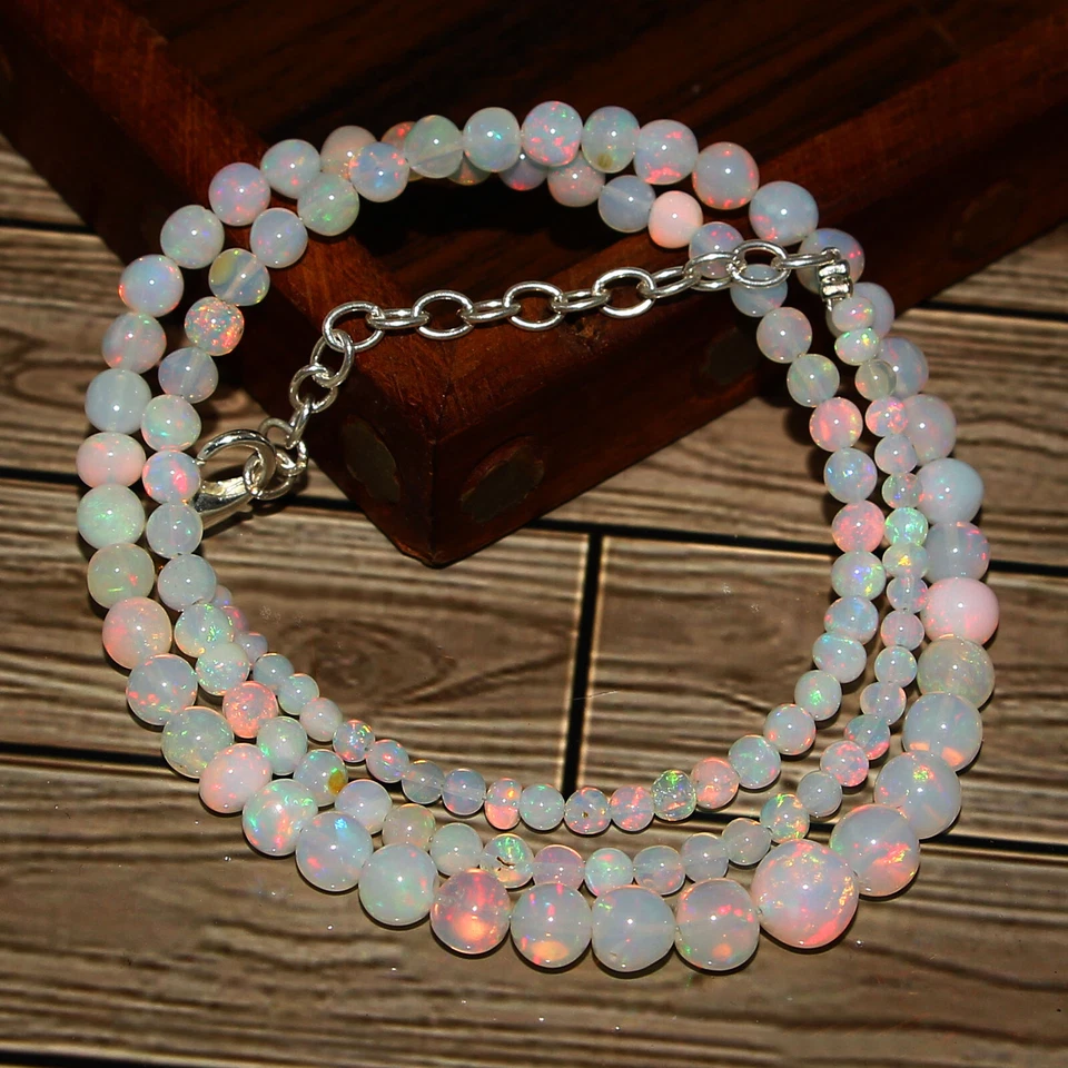 Collar de piedras preciosas con cuentas redondas bolas de ópalo de fuego Welo etíope natural 16 pulgadas Foto 3 de 4