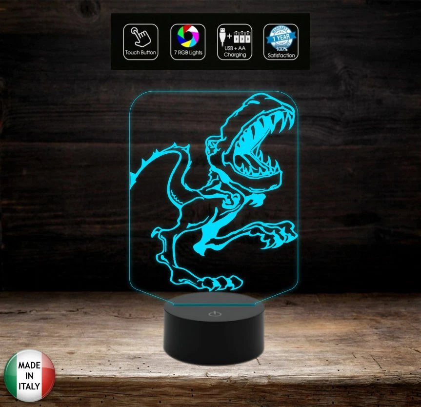 DINOSAURO Lampada led 7 colori Mostro Idea regalo compleanno bimbo Luce da notte - Immagine 4 di 4