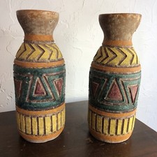Vtg Pair of 2 MCM Pottery Vases 10.5" tall MULTICOLOR Geometric Pattern ITALY