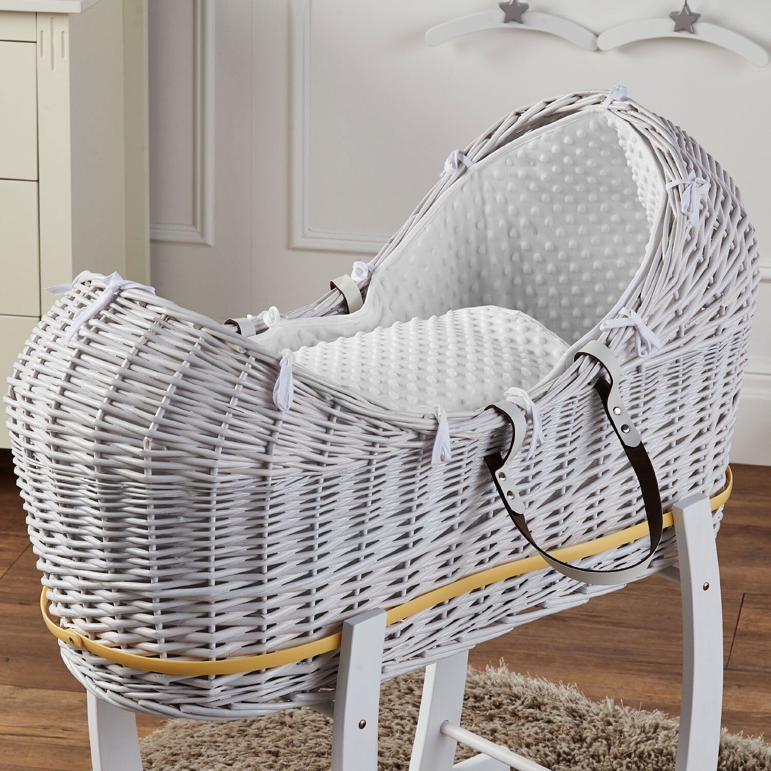 Baby Moses Basket Pod White Dimple Bedding and Mattress White Wicker