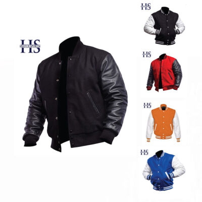 Men s Varsity Baseball Letterman Jacket Wool Body Genuine Cowhide Leather Arms