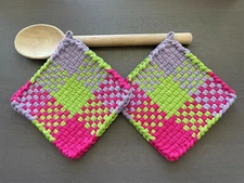 Handmade Set of 2 Potholders Cotton Woven Loom Hot Pads Oven Mitt Trivet Gift 