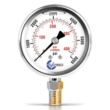 2-1/2" Pressure Gauge, Stainless Steel Case, Liquid Filled, Lower Mnt 6000 PSI
