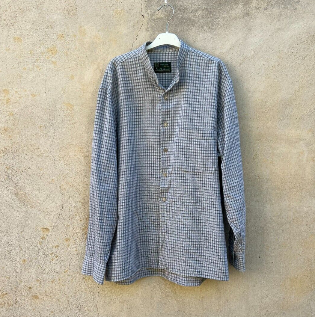 VTG Cotton Check Mao Collar Button down Shirt Soft Fleece Cotton Retro size 4