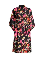 Natori SEVILLE Black Floral Print Polyester Charmeuse Kimono Robe - XL