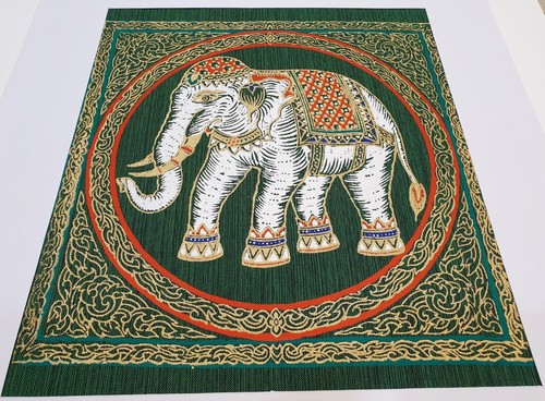 Green Thai Silk White Elephant Art Poster Printing Painting Asian Home Decor - Picture 3 of 5