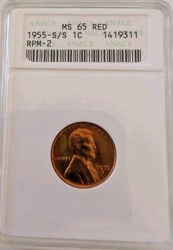 1955-S/S Lincoln Wheat Cent ANACS MS65 RPM-2 Superb Bold RPM Red Gem Soapbox