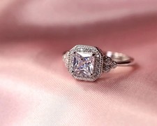 Art Deco Style Princess Lab Created Diamond Engagement Ring 14K White Gold FN