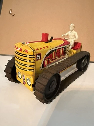 1950'S VINTAGE MARX TIN LITHO WIND UP CLIMBING TRACTOR W/DRIVER -WORKS!!!