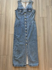 Vintage 90s Bongo Denim Dress Maxi Midi Sz 13 Button Up Cowgirl Grunge V-Neck