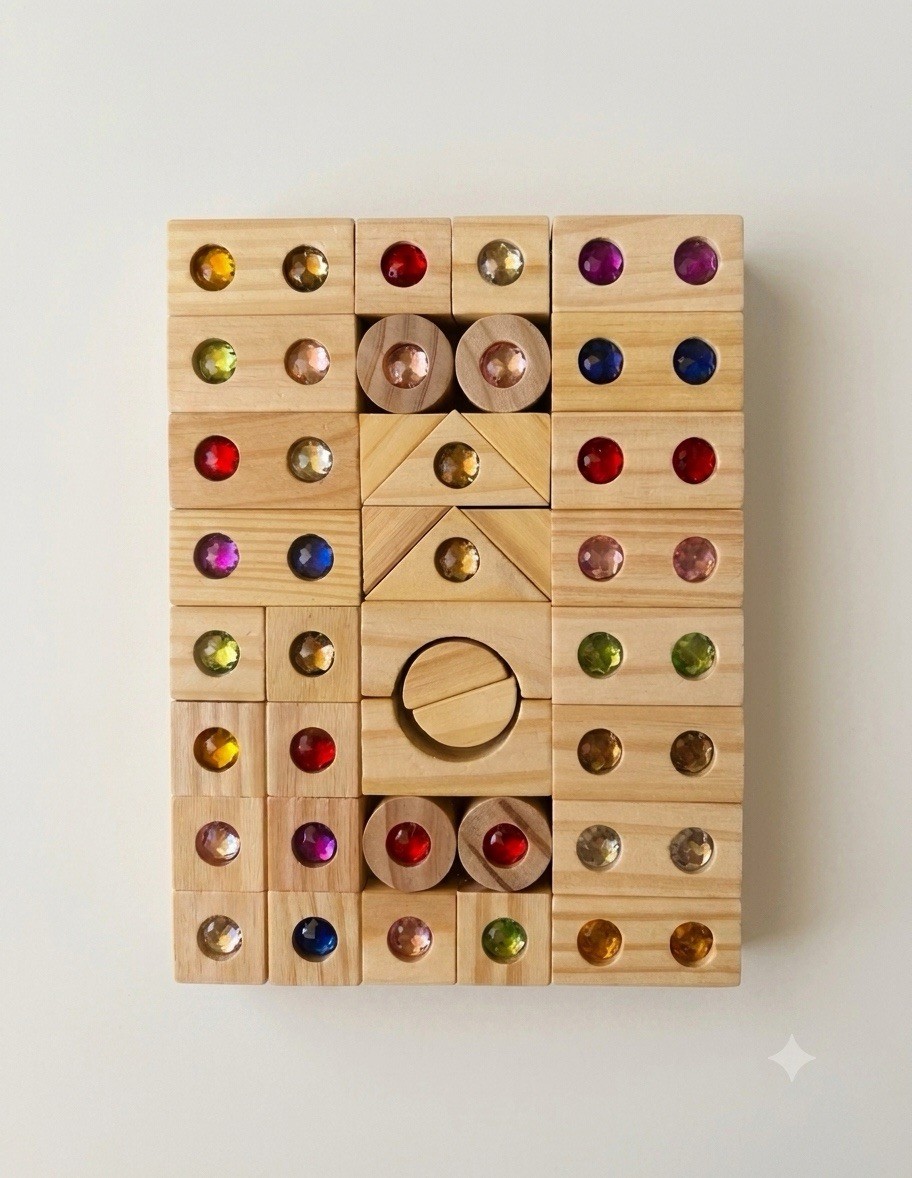 Holzbausteine mit Glitzersteinen 50 Stk Edelsteinbausteine Montessori Bauspiel