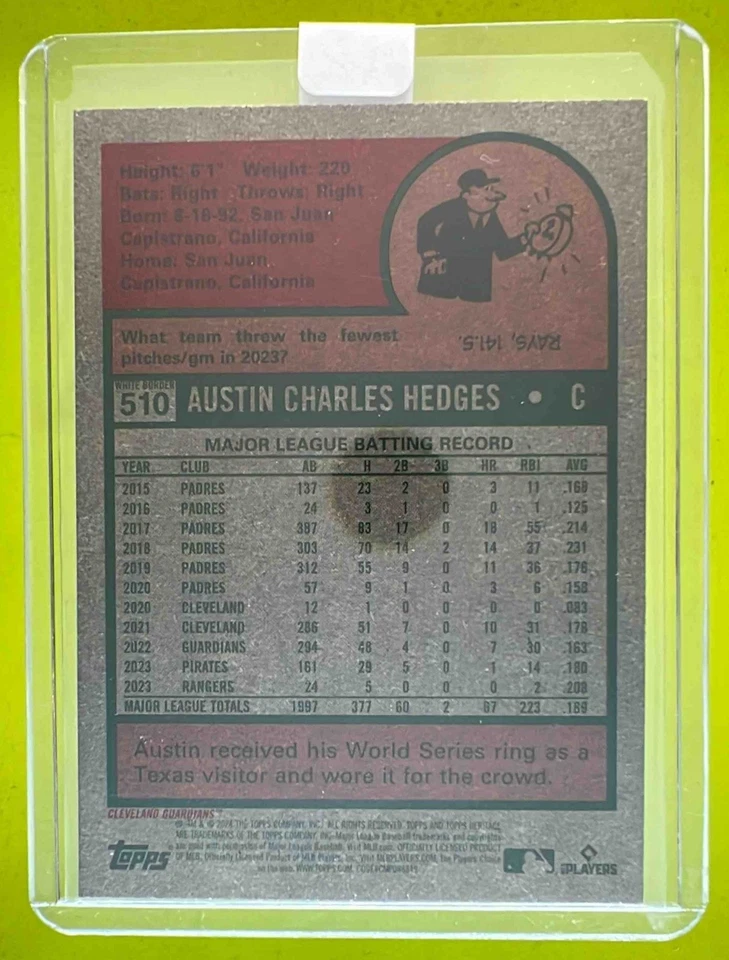 2024 Topps Heritage High Number Austin Hedges Green Bordered #510 Guardians - Image 2 of 4