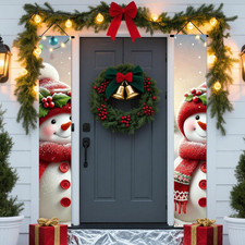 Winter Christmas Decor Outdoor Yard Front Porch Sign Set, Red Scarf Snowman Door