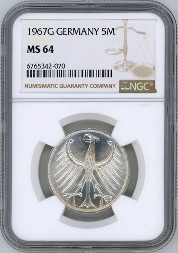 West Germany 5 Deutsche Mark 1967G NGC MS64 Bundesrepublik Deutschland Coin