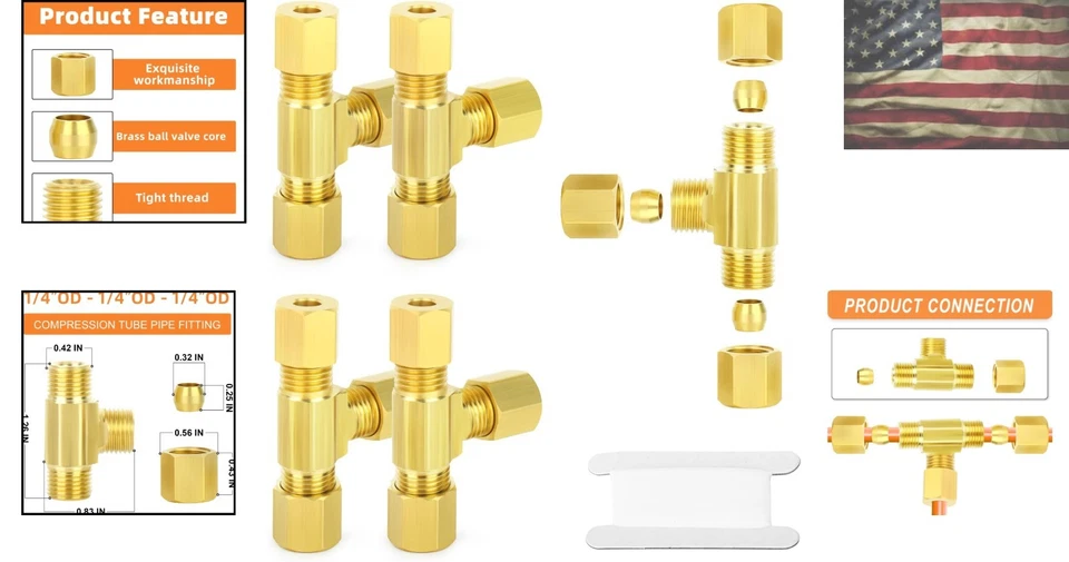 5PCS Brass Compression Tee Connectors – 1/4" OD for Durable Plumbing Solutions - Image 2 of 4