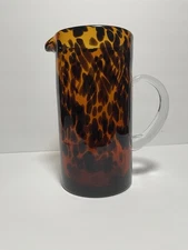 Hand Blown Art Glass Pitcher Vase with Leopard Tortoise Shell and Handle