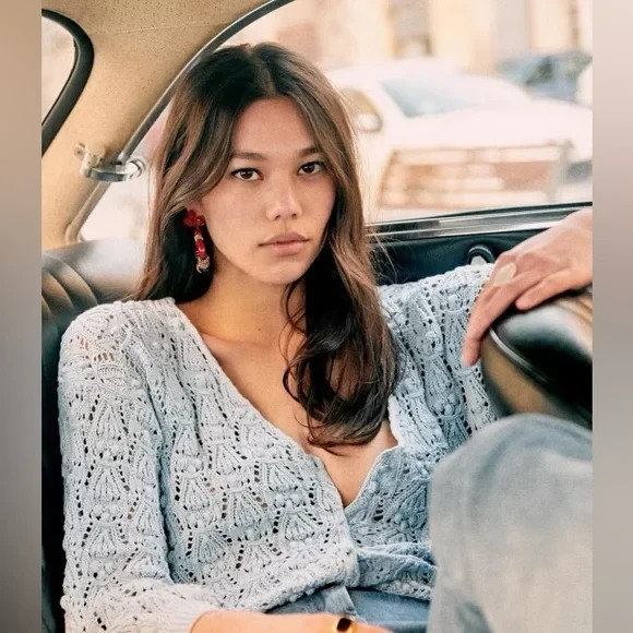 NWT Sezane Annette in Light Blue Cotton Knit Cardigan