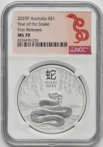 2025 P 1oz Silver Australia Lunar Year of the Snake $1 NGC MS70 First Releases