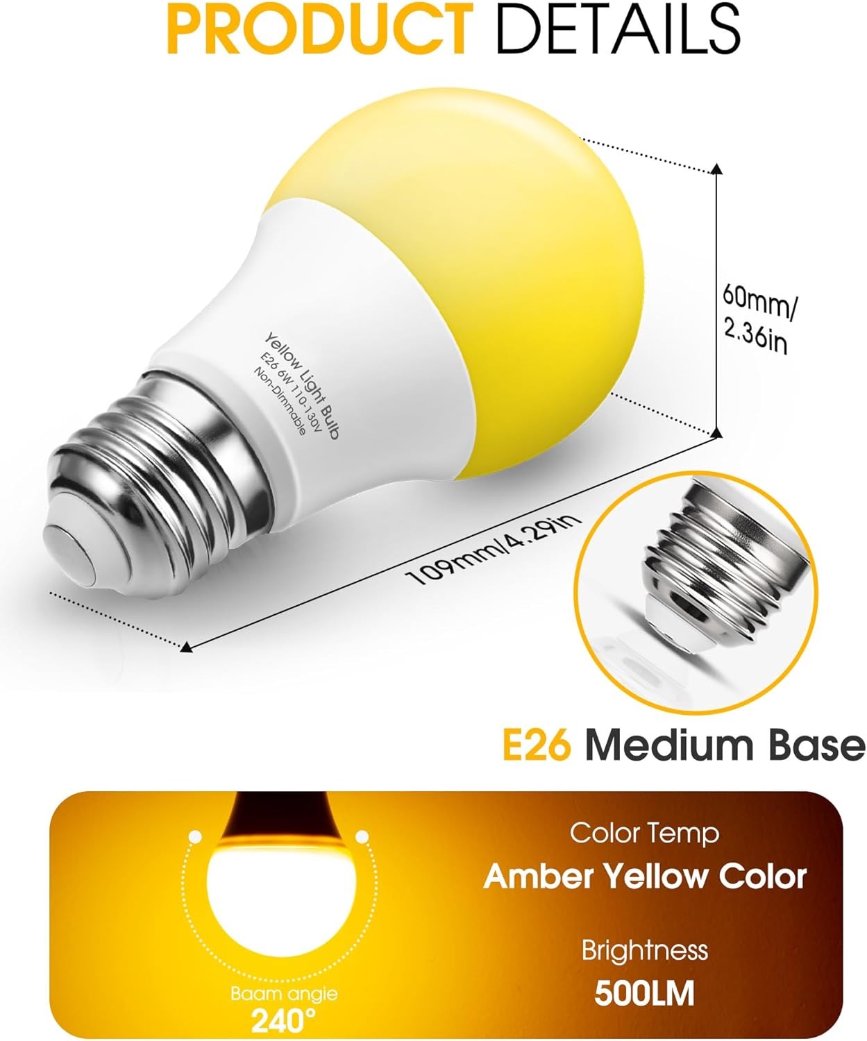 Bug Light Bulbs Outdoor, 40W Equivalent Amber Yellow LED