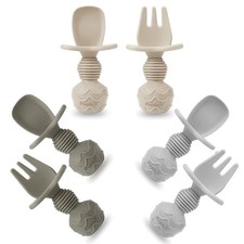 PandaEar 6 Pack Silicone Baby Spoons and Fork Spoons, Tan,Walnut Grey