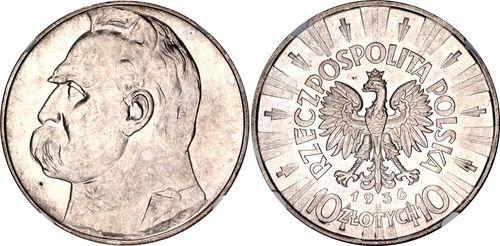 Poland 10 Zlotych 1936 NGC MS62 Y# 29 Silver Coin Józef Piłsudski UNC Luster