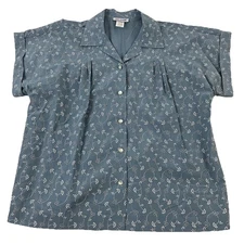 Blair Floral Short Sleeve Camp Button Shirt Top Blue 50/50 Size Large New 9465