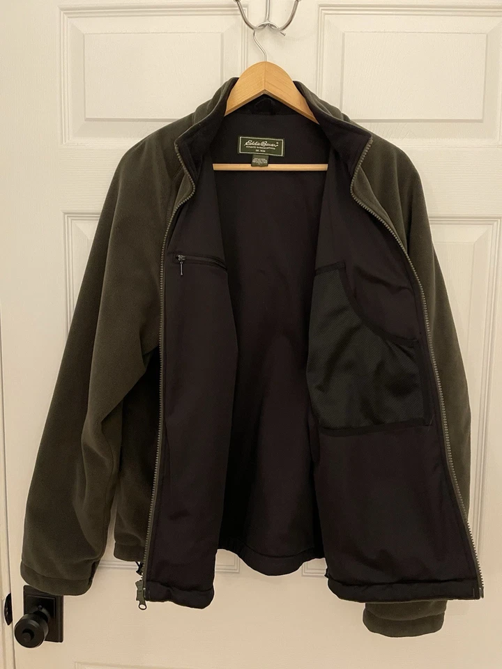 Chaqueta Eddie Bauer Cortavientos Forrada de Vellón Cálida Cremallera Verde Oscuro Para Hombres Bolsillos en L  Foto 2 de 4