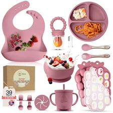 O'doe 15-Pcs Silicone Baby Weaning Set - Plate, Bowl, Bib, Sippy Cup, Fruit Feed